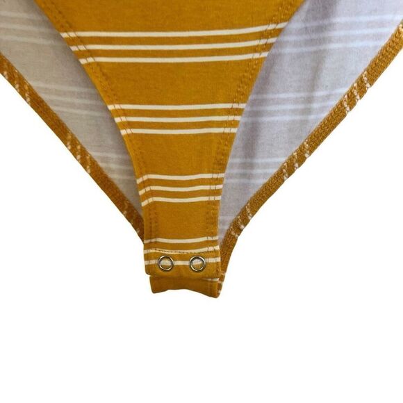 Mustard Yellow Striped Bodysuit Short Sleeve Deep V Neck Shirt S Forever 21 - Picture 4 of 5